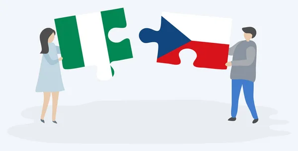 Çift Nijerya Çek Bayrakları Ile Iki Bulmaca Parçaları Tutan Nijerya — Stok Vektör