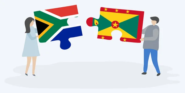 南アフリカとグレナディアの旗を持つ2つのパズルピースを保持しているカップル 南アフリカとグレナダのシンボル — ストックベクタ