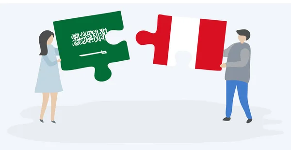 Paar Houden Van Twee Puzzels Stukken Met Saudi Arabische Peruaanse — Stockvector