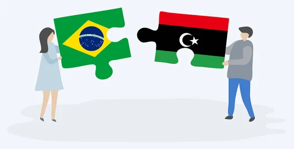 Couple Tenant Deux Pièces Puzzles Avec Des Drapeaux Brésiliens Libyens — Image vectorielle