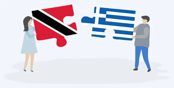 Casal Segurando Dois Quebra Cabeças Com Bandeiras Trinidadianas Gregas Trinidad — Vetor de Stock