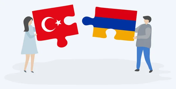 Türk Ermeni Bayraklarıyla Iki Bulmaca Tutan Çift Türkiye Ermenistan Ulusal — Stok Vektör