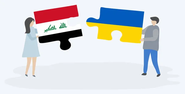 Pareja Sosteniendo Dos Piezas Rompecabezas Con Banderas Iraquíes Ucranianas Iraq — Vector de stock
