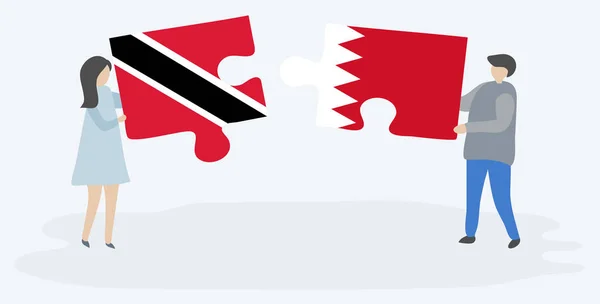 Paar Houden Twee Puzzels Stukken Met Trinidadian Bahraini Vlaggen Nationale — Stockvector