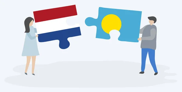 Pareja Sosteniendo Dos Piezas Rompecabezas Con Banderas Holandesas Palao Países — Archivo Imágenes Vectoriales