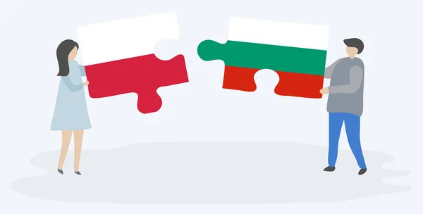 Casal Segurando Duas Peças Quebra Cabeças Com Bandeiras Polonesas Búlgaras —  Vetores de Stock