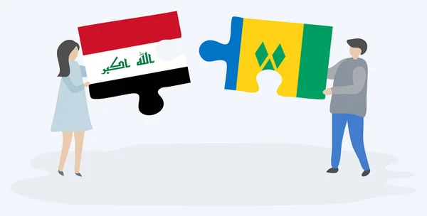 一对夫妇拿着两个拼图片 上面挂着伊拉克和文森特国旗 伊拉克和圣文森特和格林纳丁斯国家象征在一起 — 图库矢量图片
