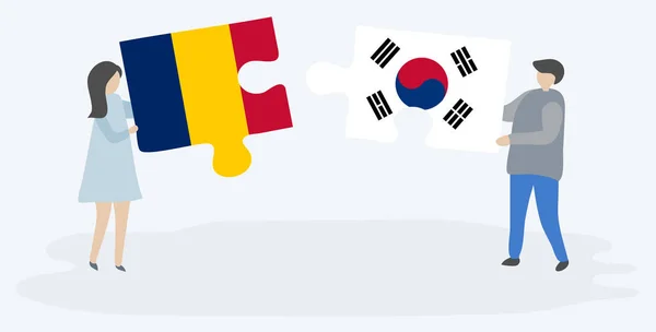 Paar Houden Twee Puzzels Stukken Met Chadian Zuid Koreaanse Vlaggen — Stockvector