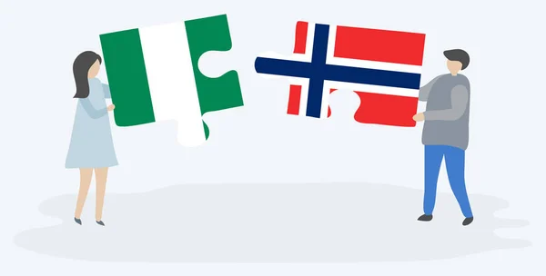 Par Som Innehar Två Pusselbitar Med Nigerianska Och Norska Flaggor — Stock vektor