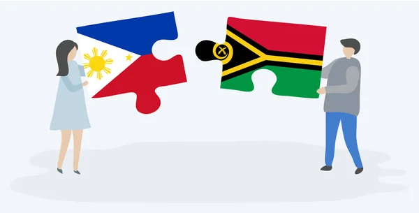 Couple Holding Two Puzzles Pieces Filipino Vanuatuan Flags Philippines Vanuatu — Stock Vector