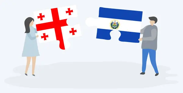 Couple Tenant Deux Pièces Puzzles Avec Des Drapeaux Géorgien Salvadorien — Image vectorielle