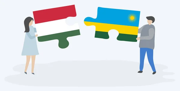 Couple Holding Two Puzzles Pieces Hungarian Rwandan Flags Hungary Rwanda — Stock Vector