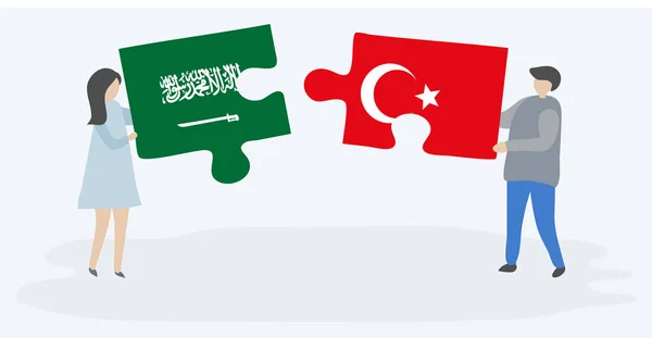 一对夫妇拿着两块拼图 上面挂着沙特阿拉伯和土耳其国旗 沙特阿拉伯和土耳其国家符号在一起 — 图库矢量图片