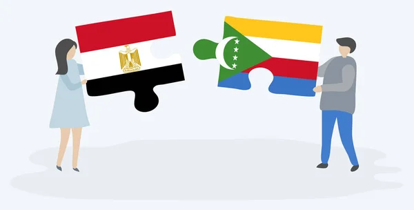 Dva Nich Drží Dvě Skládanky Egyptským Comorskými Vlajkami Egyptské Komorské — Stockový vektor