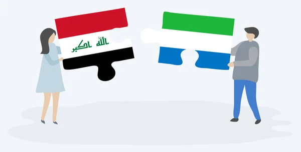Pareja Sosteniendo Dos Piezas Rompecabezas Con Banderas Iraquíes Sierra Leona — Vector de stock