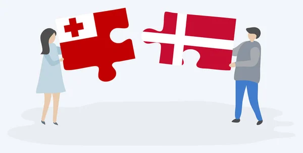 Couple Holding Two Puzzles Pieces Tongan Danish Flags Tonga Denmark — Stock Vector