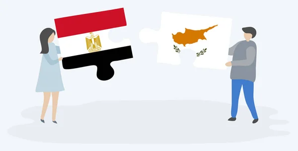 Couple Tenant Deux Pièces Puzzles Avec Des Drapeaux Égyptiens Chypriotes — Image vectorielle