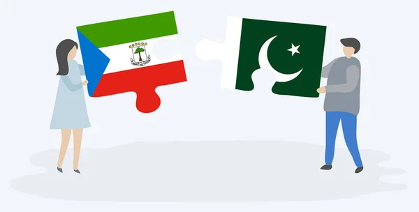 Casal Segurando Dois Quebra Cabeças Com Bandeiras Guineenses Paquistanesas Guiné —  Vetores de Stock