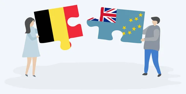 Paar Houden Twee Puzzels Stukken Met Belgische Tuvaluan Vlaggen België — Stockvector