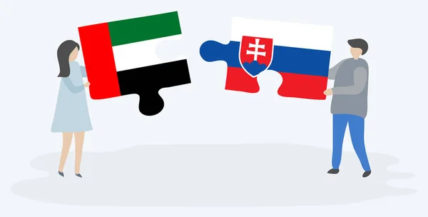 Paar Mit Zwei Puzzleteilen Mit Emirischen Und Slowakischen Fahnen Vereinte — Stockvektor