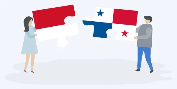 Paar Houden Twee Puzzels Stukken Met Indonesische Panamese Vlaggen Indonesië — Stockvector