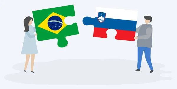 Casal Segurando Dois Quebra Cabeças Com Bandeiras Brasileiras Eslovenas Brasil — Vetor de Stock