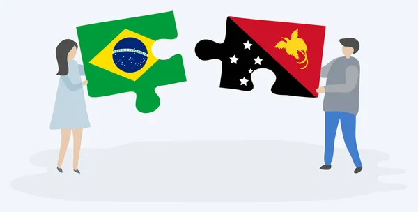 Par Som Innehar Två Pusselbitar Med Brasilianska Och Papuan Flaggor — Stock vektor