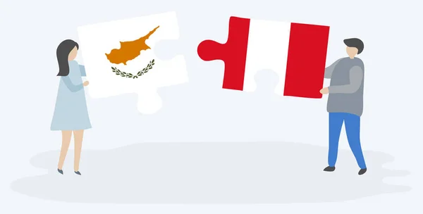 Dvojice Která Drží Dvě Skládanky Kyperskými Peruánskými Vlajkami Národní Symboly — Stockový vektor