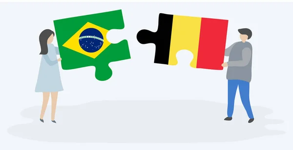 Para Trzymania Dwóch Puzzli Brazylijskich Belgijskich Flag Symbole Narodowe Brazylii — Wektor stockowy