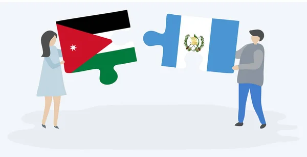 Pareja Sosteniendo Dos Piezas Rompecabezas Con Banderas Jordanas Guatemaltecas Jordania — Archivo Imágenes Vectoriales