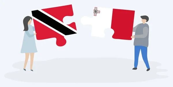 Casal Segurando Duas Peças Quebra Cabeças Com Bandeiras Trinidadianas Maltesas — Vetor de Stock