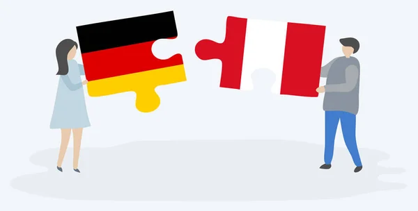 Para Trzymania Dwóch Puzzli Niemieckimi Peruwiańscy Flagi Symbole Narodowe Niemiec — Wektor stockowy
