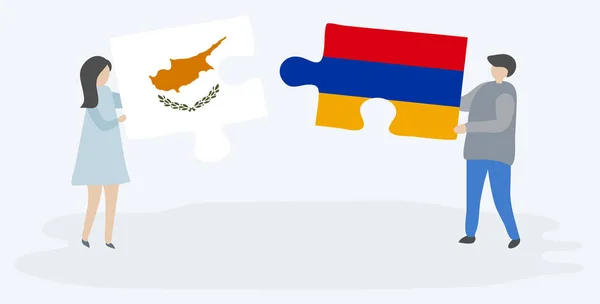 Kıbrıs Ermeni Bayraklarıyla Iki Bulmaca Tutan Çift Kıbrıs Ermenistan Ulusal — Stok Vektör