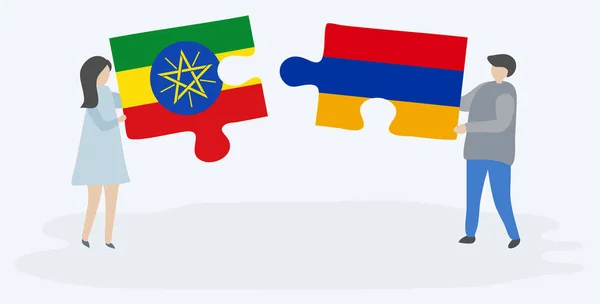 Casal Segurando Duas Peças Quebra Cabeças Com Bandeiras Etíopes Armênios — Vetor de Stock