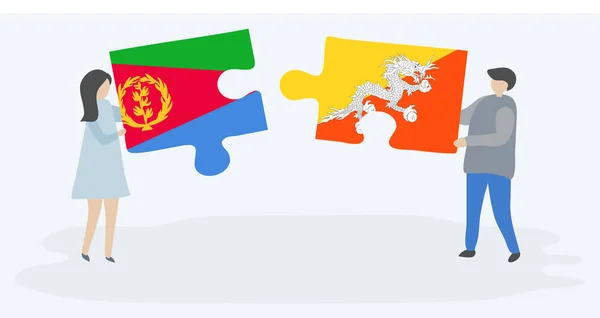 Para Trzyma Dwa Kawałki Puzzli Erytrean Bhutanu Flagi Erytrea Bhutan — Wektor stockowy