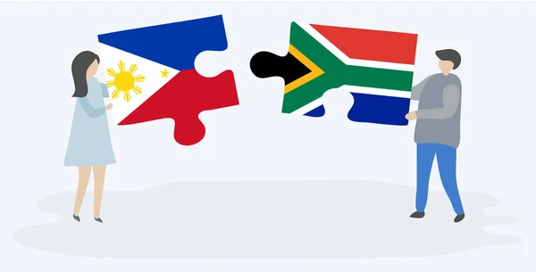 Par Som Innehar Två Pusselbitar Med Filippinska Och Sydafrikanska Flaggor — Stock vektor
