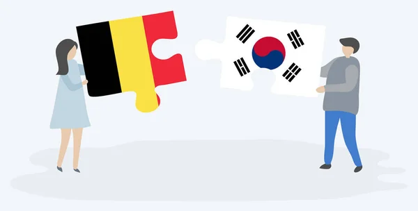 Paar Houden Twee Puzzels Stukken Met Belgische Zuid Koreaanse Vlaggen — Stockvector