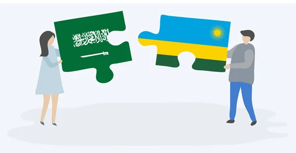 Couple Holding Two Puzzles Pieces Saudi Arabian Rwandan Flags Saudi — Stock Vector