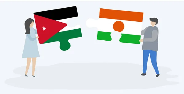 Casal Segurando Duas Peças Quebra Cabeças Com Bandeiras Jordanianas Nigerianas —  Vetores de Stock