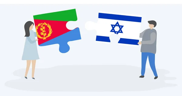 Casal Segurando Duas Peças Quebra Cabeças Com Bandeiras Eritreia Israel —  Vetores de Stock