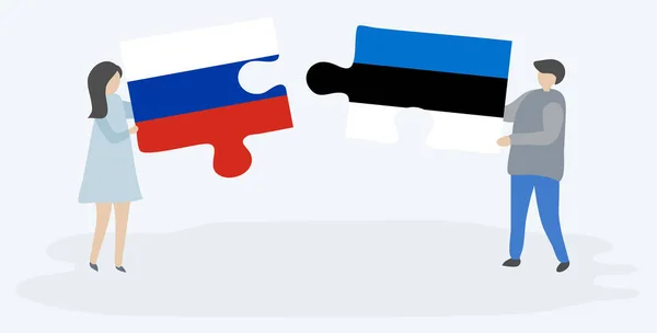 Ζευγάρι Που Κρατά Δύο Κομμάτια Παζλ Ρωσικές Και Εσθονικές Σημαίες — Διανυσματικό Αρχείο
