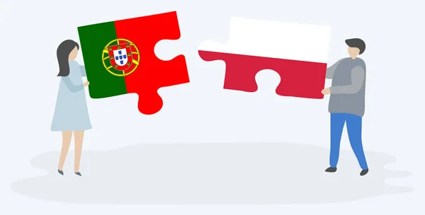 Casal Com Duas Peças Puzzles Com Bandeiras Portuguesas Polacas Portugal — Vetor de Stock