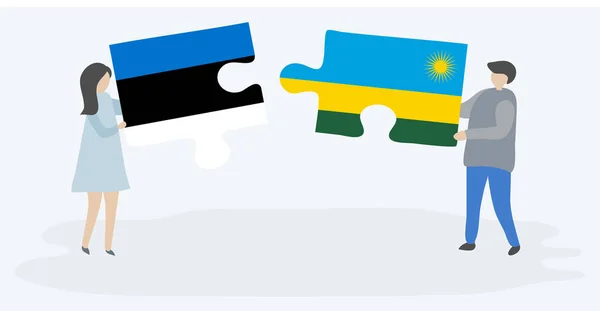 Couple Tenant Deux Pièces Puzzles Avec Des Drapeaux Estonien Rwandais — Image vectorielle