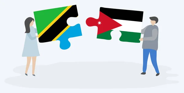 Ζευγάρι Που Κρατάει Δύο Κομμάτια Παζλ Σημαίες Τανζανίας Και Ιορδανίας — Διανυσματικό Αρχείο
