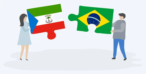 Ζευγάρι Κρατώντας Δύο Κομμάτια Παζλ Ισημερινή Γουινέα Και Βραζιλιάνικα Σημαίες — Διανυσματικό Αρχείο