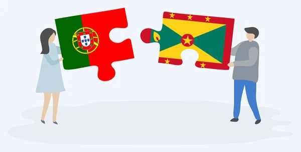 Casal Com Duas Peças Puzzles Com Bandeiras Portuguesas Granadianas Portugal — Vetor de Stock