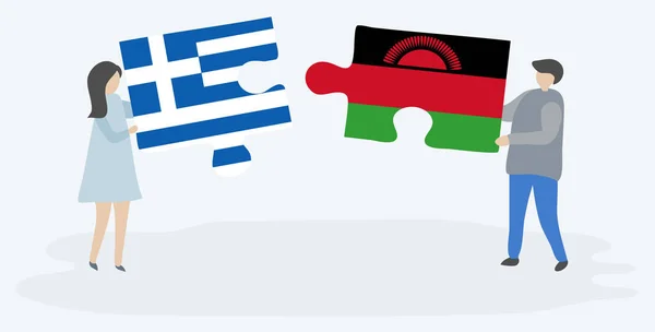 Ζευγάρι Που Κρατά Δύο Κομμάτια Παζλ Ελληνικές Και Μαλαγάν Σημαίες — Διανυσματικό Αρχείο