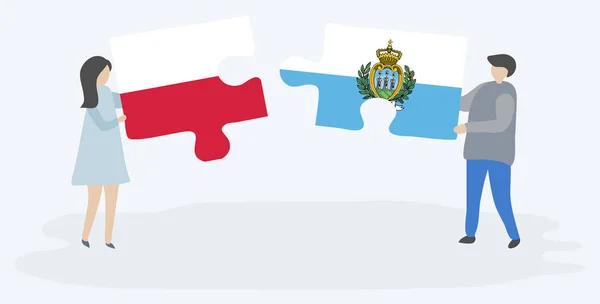 ポーランドとサムマリンの旗を持つ2つのパズルピースを保持しているカップル ポーランドとサンマリノのシンボル — ストックベクタ