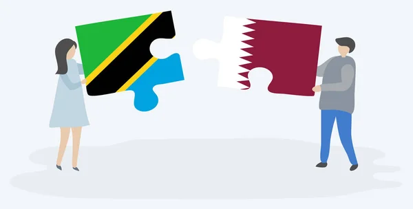 Paar Houden Twee Puzzels Stukken Met Tanzaniaanse Qatari Vlaggen Tanzania — Stockvector