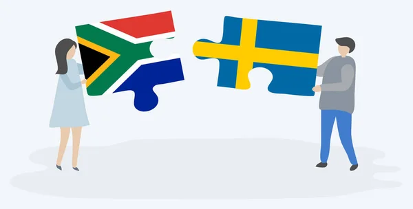 Couple Tenant Deux Pièces Puzzles Avec Des Drapeaux Sud Africains — Image vectorielle